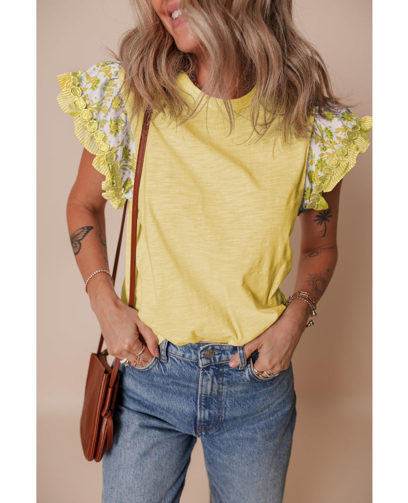 SELINK Womens Summer Ruffle Short Sleeve Top Crewneck T Shirts Floral Trim Casual Blouses Yellow-L - Image 2