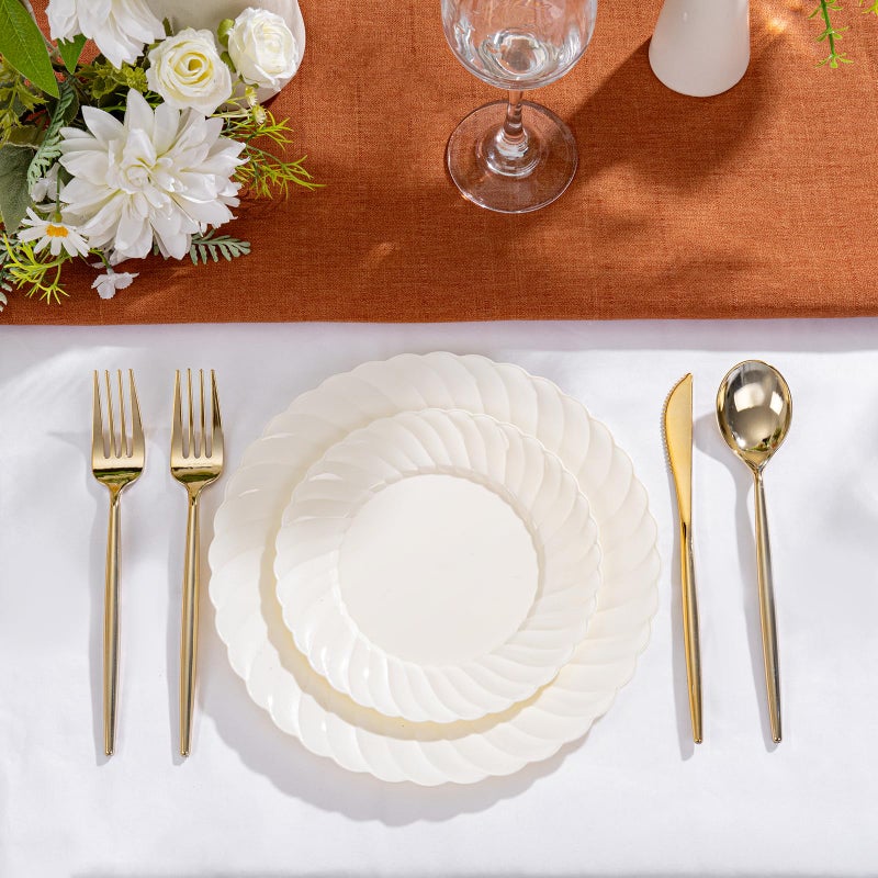U-QE 100 Count 6 Inch Ivory Plastic Plates - Scalloped Dessert Plates Disposable - Premium Fancy Disposable Heavy Duty Party Supplies for Party, Celebrations, Weddings and Events - Image 5