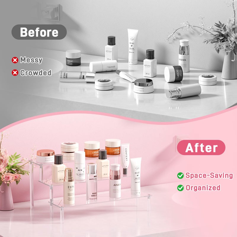 FUNFERY 2 Packs Acrylic Display Stand Riser,3 Tier Perfume Organizer Cupcake Stand Acrylic Pop Shelves Holder,Clear Desk Display Shelf for Figure,Trinket,Collectibles,Dessert Stands for Party Decor-11.6in - Image 5
