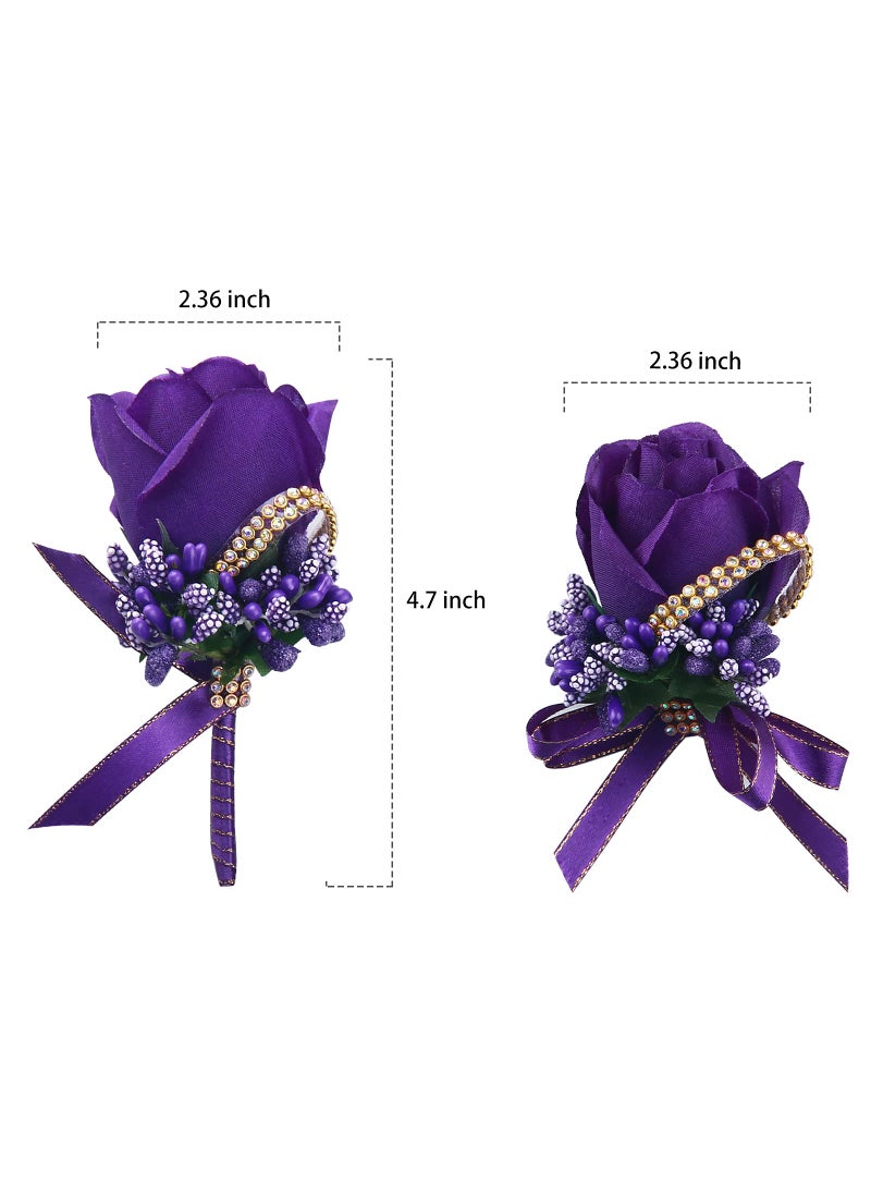 Febou Febou Wrist Corsage Boutonniere Set 6 Pack  Artificial Rose Bridesmaid Corsage and Groom Men Boutonniere for Wedding Party Prom (Boutonniere Corsage- Purple  6 Pcs)  - Image 2