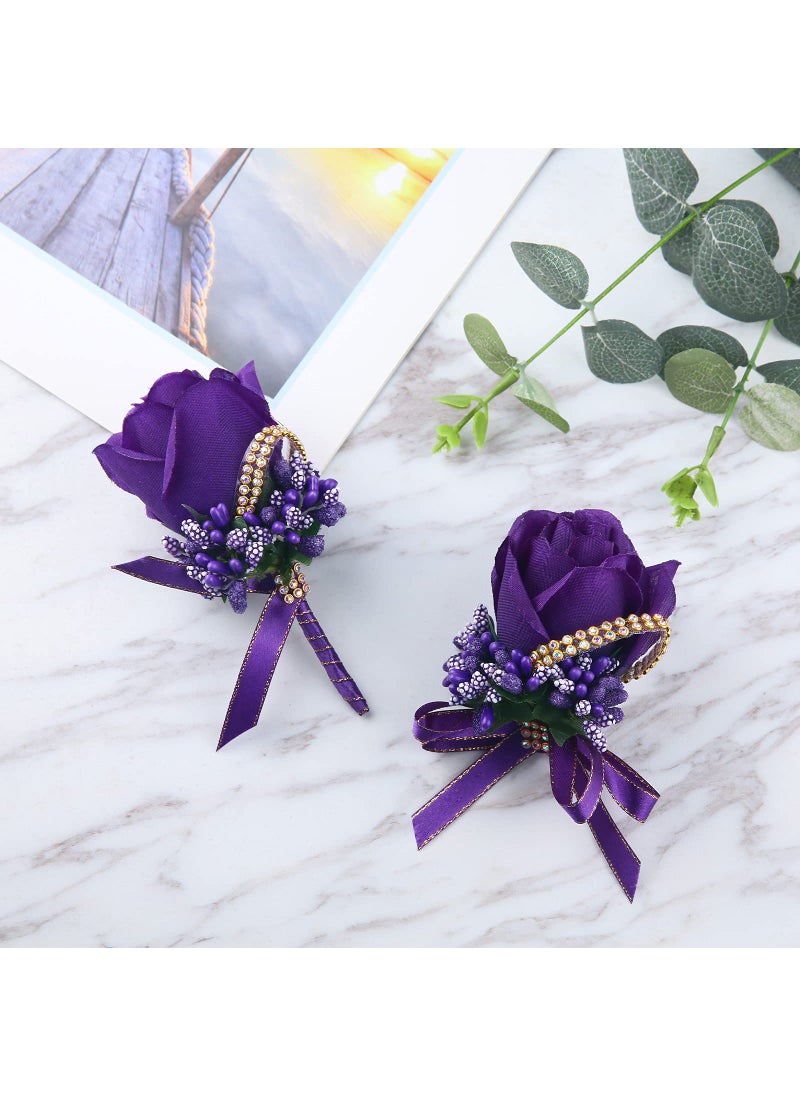 Febou Febou Wrist Corsage Boutonniere Set 6 Pack  Artificial Rose Bridesmaid Corsage and Groom Men Boutonniere for Wedding Party Prom (Boutonniere Corsage- Purple  6 Pcs)  - Image 5
