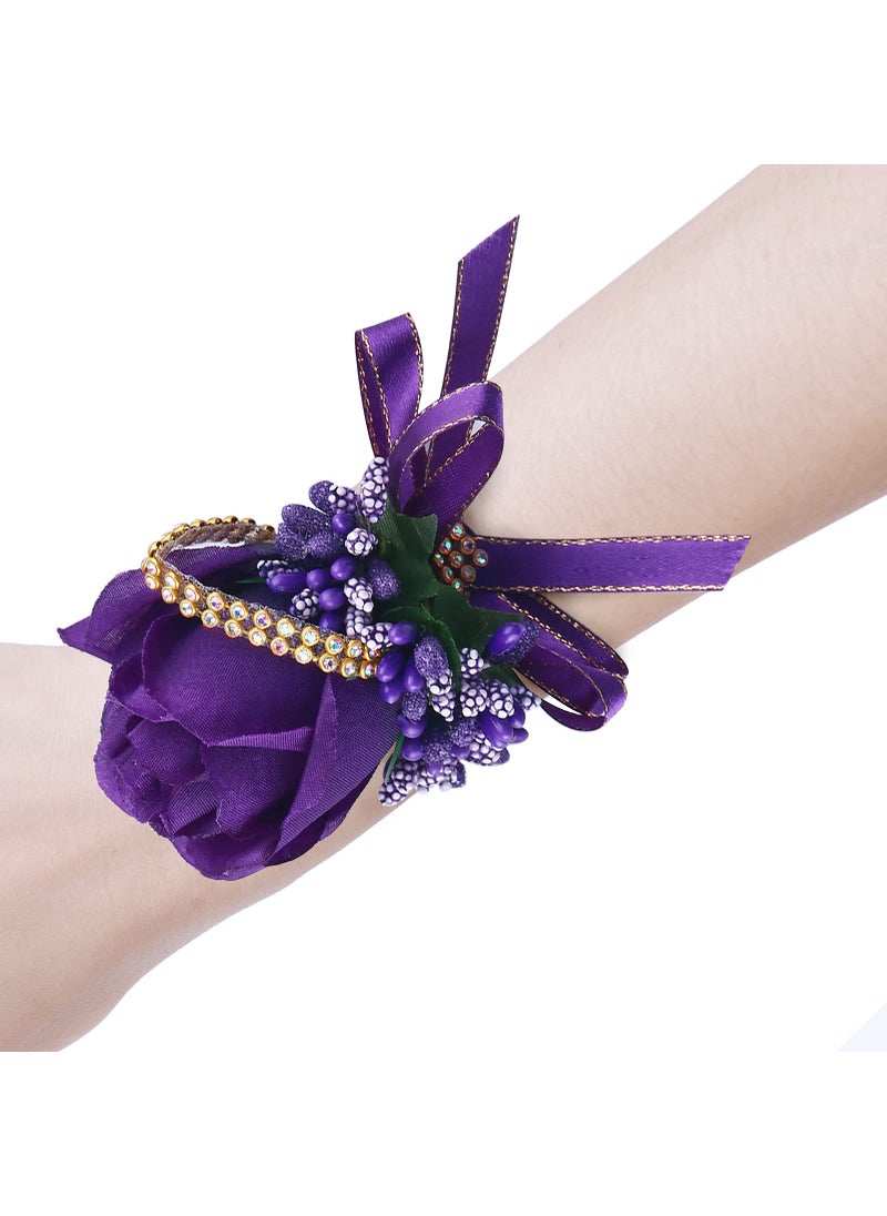 Febou Febou Wrist Corsage Boutonniere Set 6 Pack  Artificial Rose Bridesmaid Corsage and Groom Men Boutonniere for Wedding Party Prom (Boutonniere Corsage- Purple  6 Pcs)  - Image 3