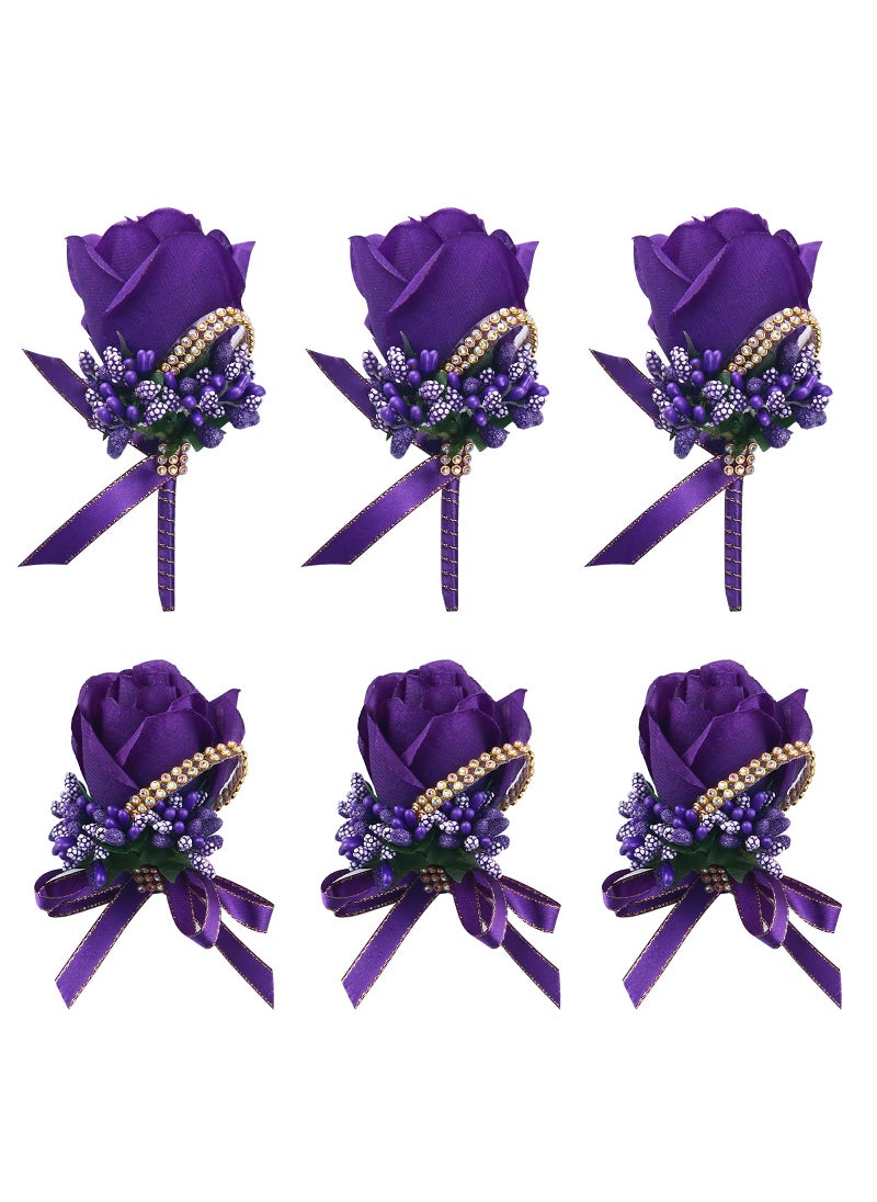 Febou Febou Wrist Corsage Boutonniere Set 6 Pack  Artificial Rose Bridesmaid Corsage and Groom Men Boutonniere for Wedding Party Prom (Boutonniere Corsage- Purple  6 Pcs)  - Image 1