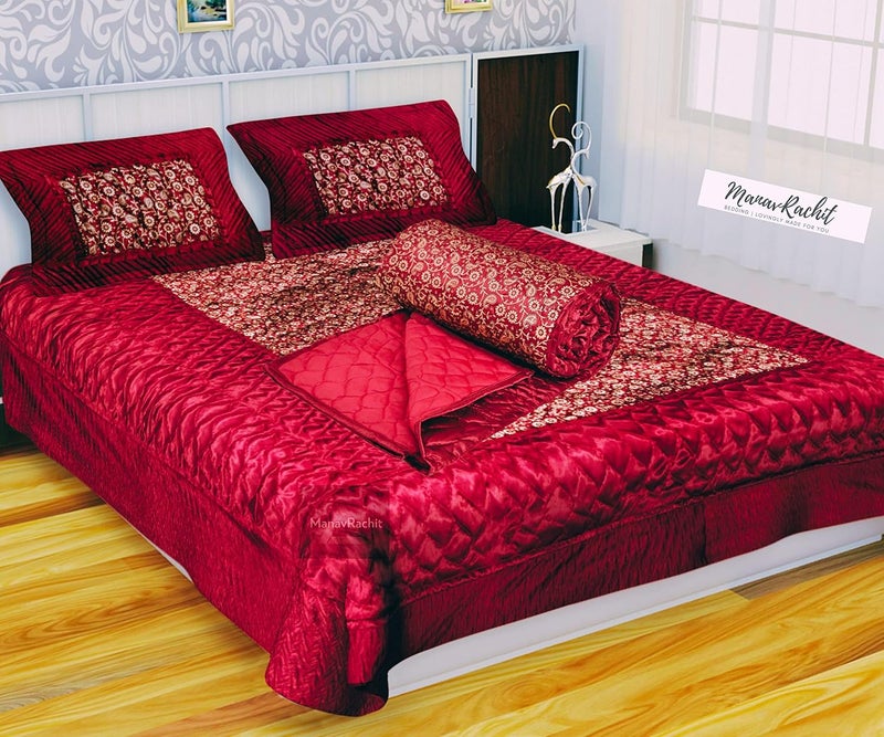 ManavRachit Satin Gold Printed 310 TC Wedding Bedding Set Bedsheet with 2 Pillow Covers 1 AC Comforter for Home Living RoomSet of 4pc Jaal Print Red