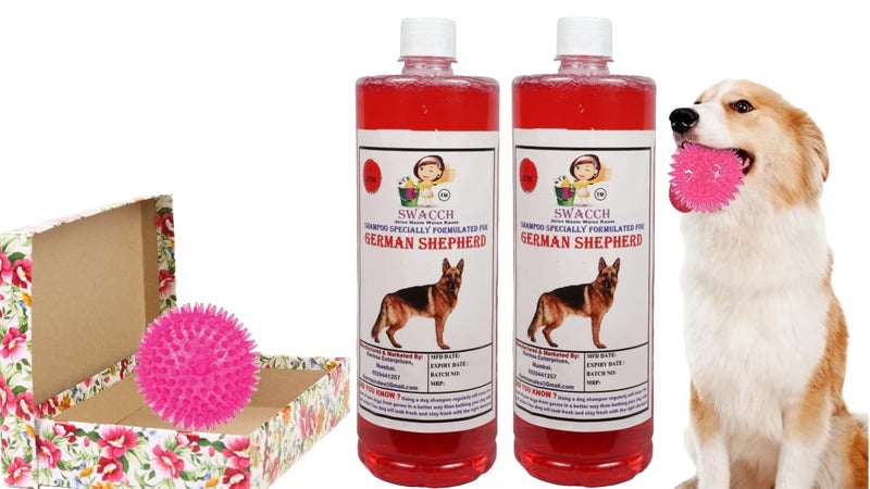 swacch Shampoo | Puppy Safe Shampoo | PH Balanced | Ditch to Itch for German Shepherd Shampoo 2 Litre (Strawberry) + Spike Ball Chew Toy Combo Pack - Image 1