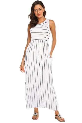Hount Women's Summer Sleeveless Striped Bohemian Casual Maxi Dress with Pockets (White, Medium) - Image 3
