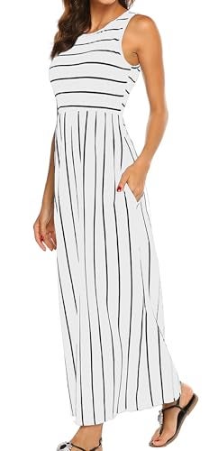 Hount Women's Summer Sleeveless Striped Bohemian Casual Maxi Dress with Pockets (White, Medium) - Image 1