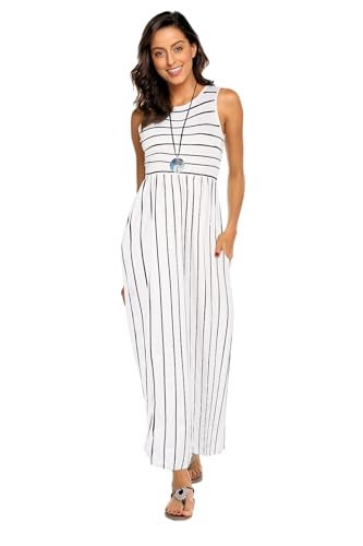 Hount Women's Summer Sleeveless Striped Bohemian Casual Maxi Dress with Pockets (White, Medium) - Image 2