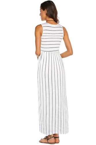 Hount Women's Summer Sleeveless Striped Bohemian Casual Maxi Dress with Pockets (White, Medium) - Image 4