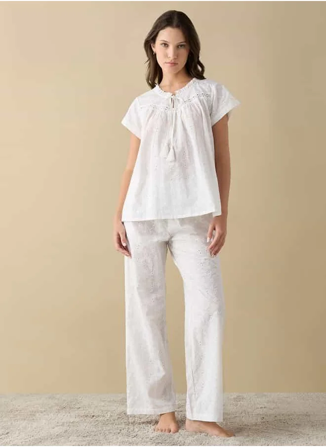 فاف All-Over Schiffli Textured Tie-Up Neck Top and Elasticated Pyjama Set