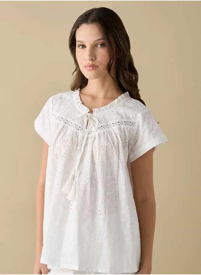 فاف All-Over Schiffli Textured Tie-Up Neck Top and Elasticated Pyjama Set