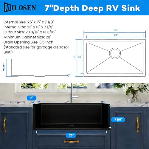 MILOSEN Black RV Kitchen Sink Undermount 23×16×7 Inch, Black Stainless Steel Farmhouse Apron Front Sink, Single Bowl Camper Sink for Outdoor RV Kitchen, Small Deep Utility Sink for Trailer Camper Van - Image 4