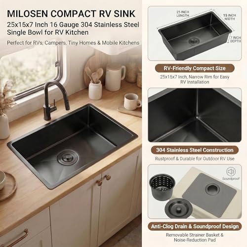 MILOSEN Black RV Kitchen Sink Undermount 23×16×7 Inch, Black Stainless Steel Farmhouse Apron Front Sink, Single Bowl Camper Sink for Outdoor RV Kitchen, Small Deep Utility Sink for Trailer Camper Van - Image 5
