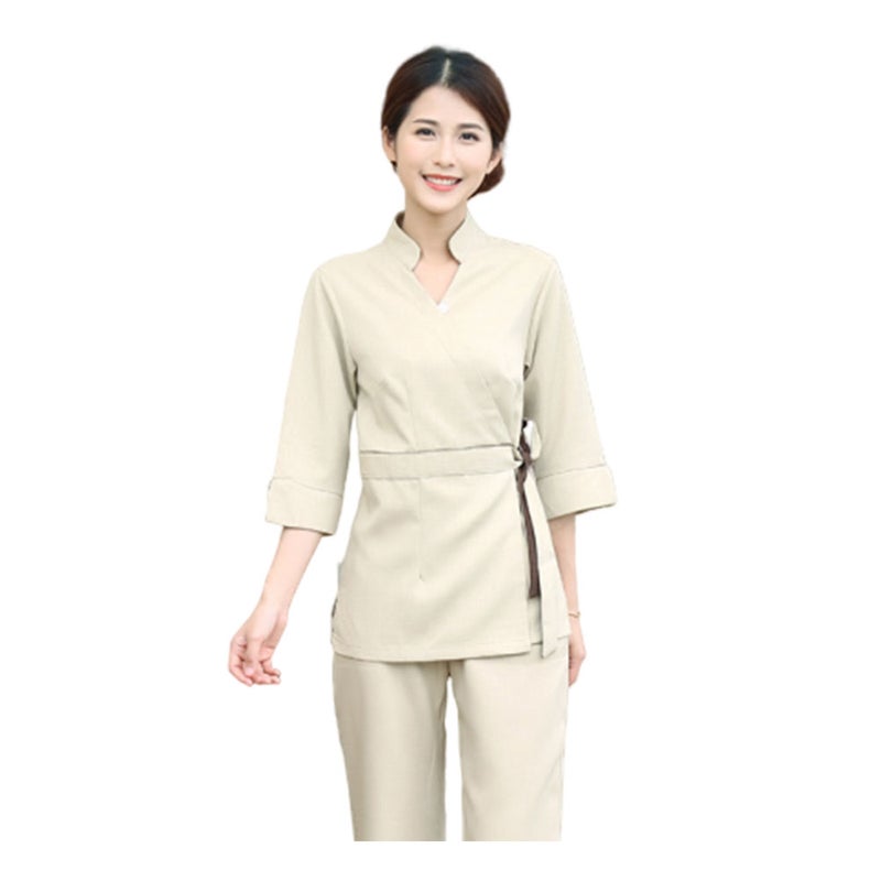 1 Set/2pcs Beautician Tops Cotton Apparel Working Labour Clothes Fashion V Neck Costume for Beautician Beauty Salon Women (Beige, Size L) - Image 1