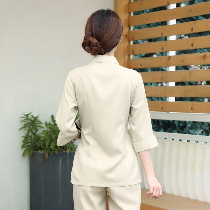 1 Set/2pcs Beautician Tops Cotton Apparel Working Labour Clothes Fashion V Neck Costume for Beautician Beauty Salon Women (Beige, Size L) - Image 2