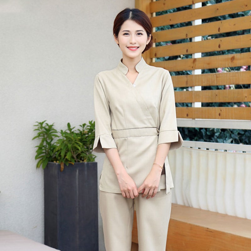 1 Set/2pcs Beautician Tops Cotton Apparel Working Labour Clothes Fashion V Neck Costume for Beautician Beauty Salon Women (Beige, Size L) - Image 3