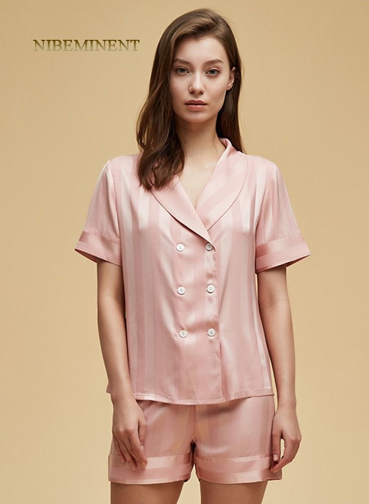 NIBEMINENT 2 Piece Women's Pajama Set Silk Satin Pajama Set Women's Short Sleeved Casual Set Buckle Up Pajamas Soft Pajamas  - Image 1
