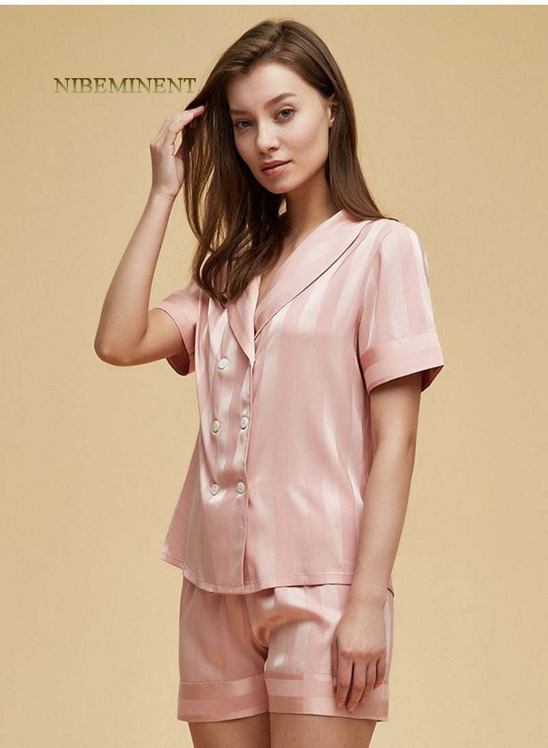 NIBEMINENT 2 Piece Women's Pajama Set Silk Satin Pajama Set Women's Short Sleeved Casual Set Buckle Up Pajamas Soft Pajamas  - Image 5