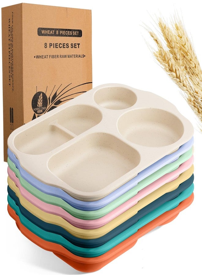 Vesici 8 Pcs Large 12 Inch Unbreakable Divided Plates for Kids Adults - Wheat Straw Tray - Microwave Dishwasher Safe - Reusable Plastic Compartment Plates(Multicolor) - Image 1