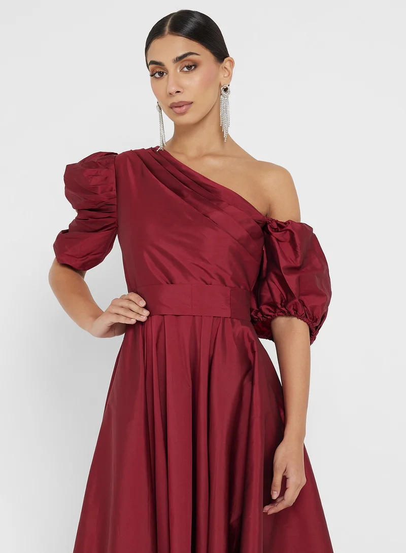 Namshi x Puff Sleeve Ball Gown With Asymmetric Neck
