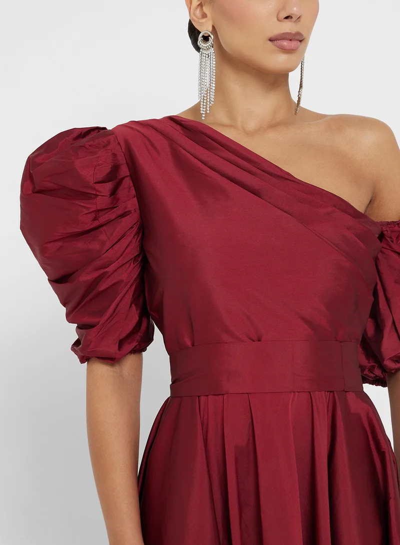 Namshi x Puff Sleeve Ball Gown With Asymmetric Neck