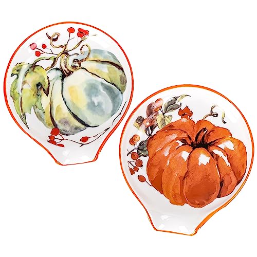 Whaline Fall Spoon Rest Watercolor Autumn Pumpkin Coffee Spoon Rest Ceramic Teaspoon Holder Small Sauce Dishes Dipping - Image 2