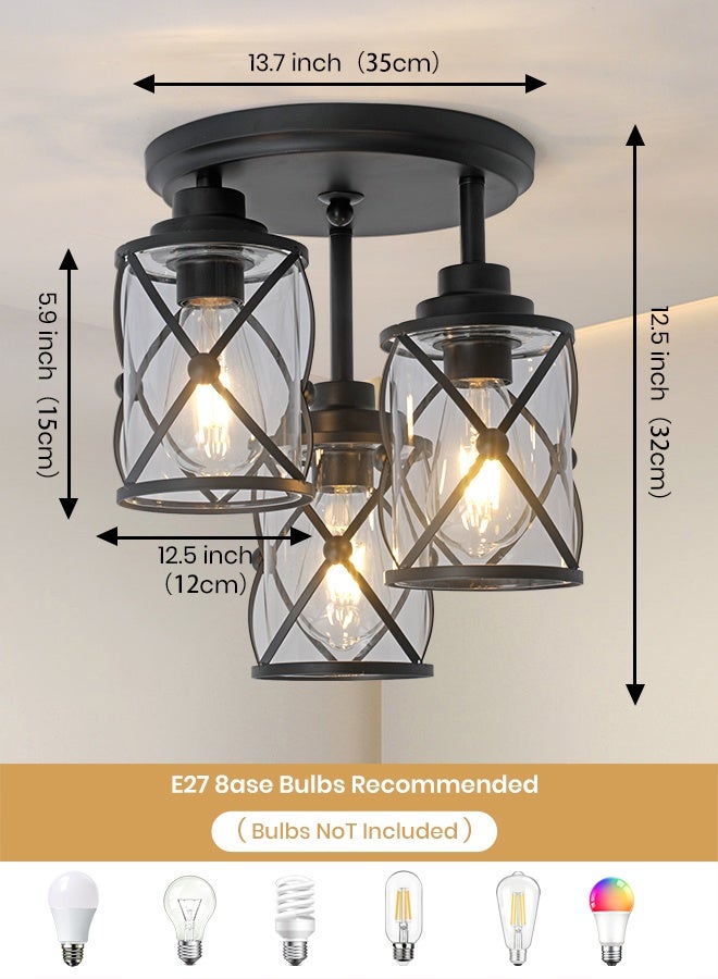 YATAI LIGHTING 3-Light Black Semi-Flush Mount Ceiling Light Fixture, Round Modern Lamp with Glass Shades, E27 Base (Bulbs Not Included), for Bedroom, Corridor, Dining Room, 32cm Height - Image 2