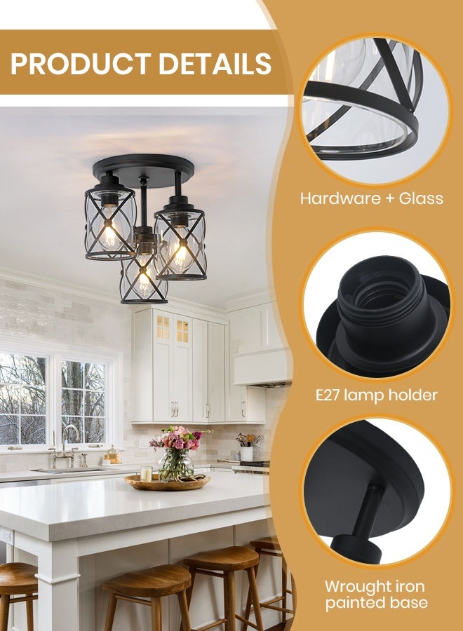 YATAI LIGHTING 3-Light Black Semi-Flush Mount Ceiling Light Fixture, Round Modern Lamp with Glass Shades, E27 Base (Bulbs Not Included), for Bedroom, Corridor, Dining Room, 32cm Height - Image 3