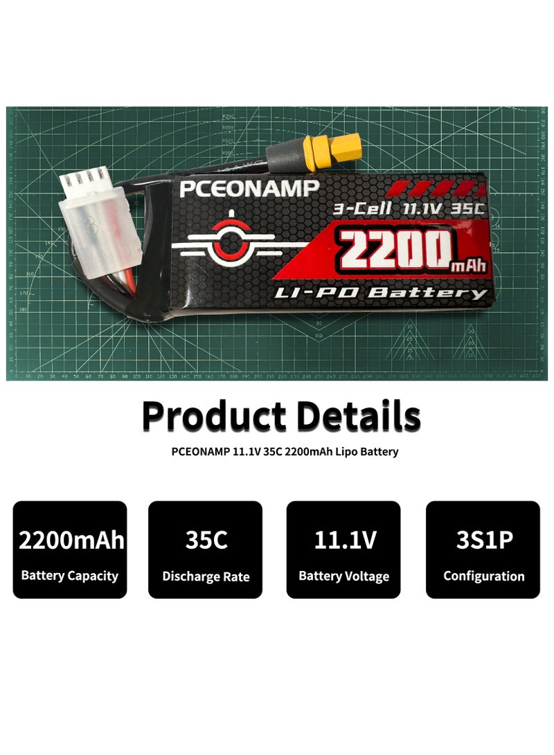 PCEONAMP 3S Lipo Battery 2200mAh 35C 11.1V with XT60 Plug Rechargeable High Capacity RC Airplane Battery Soft Case Fit for FPV Drone Airplane RC Quadcopter Helicopter - Image 4