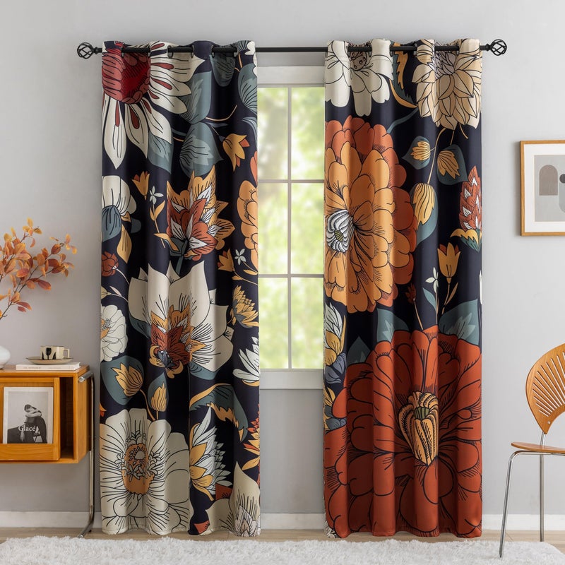 Tyrot Black Boho Floral 100% Blackout Curtains for Bedroom 72 inch Long 2 Panels Mid Century Botanical Black Out Curtains for Living Room Grommet Thermal Insulated Room Darkening Window Drapes,52Wx72L - Image 1
