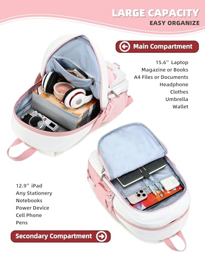 Hidds Laptop Backpacks 15.6 Inch School Bag Elementary Middle High College Backpack Cute Bookbags Anti Theft Travel Back Pack Casual Daypack Kids Book Bag for Teens Girls Women Students-Pink Beige - Image 3