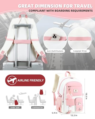 Hidds Laptop Backpacks 15.6 Inch School Bag Elementary Middle High College Backpack Cute Bookbags Anti Theft Travel Back Pack Casual Daypack Kids Book Bag for Teens Girls Women Students-Pink Beige - Image 5