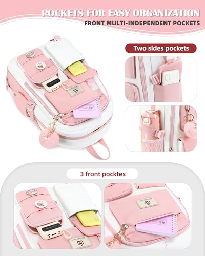 Hidds Laptop Backpacks 15.6 Inch School Bag Elementary Middle High College Backpack Cute Bookbags Anti Theft Travel Back Pack Casual Daypack Kids Book Bag for Teens Girls Women Students-Pink Beige - Image 4