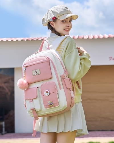Hidds Laptop Backpacks 15.6 Inch School Bag Elementary Middle High College Backpack Cute Bookbags Anti Theft Travel Back Pack Casual Daypack Kids Book Bag for Teens Girls Women Students-Pink Beige - Image 2