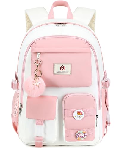 Hidds Laptop Backpacks 15.6 Inch School Bag Elementary Middle High College Backpack Cute Bookbags Anti Theft Travel Back Pack Casual Daypack Kids Book Bag for Teens Girls Women Students-Pink Beige - Image 1