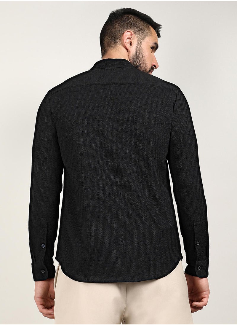 Campus Sutra Campus Sutra Men's Midnight Black Embossed Micro Check Shirt For Casual Wear | Spread Collar | Long Sleeve | Button Closure | Shirt Crafted With Comfort Fit For Everyday Wear  - Image 5