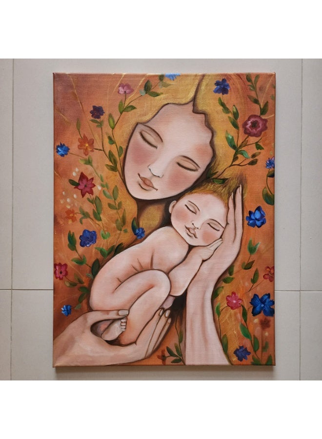 لوحة زيتية للأم والطفل: فن الأمومة الزهري، هدية للأم الجديدة - Image 1