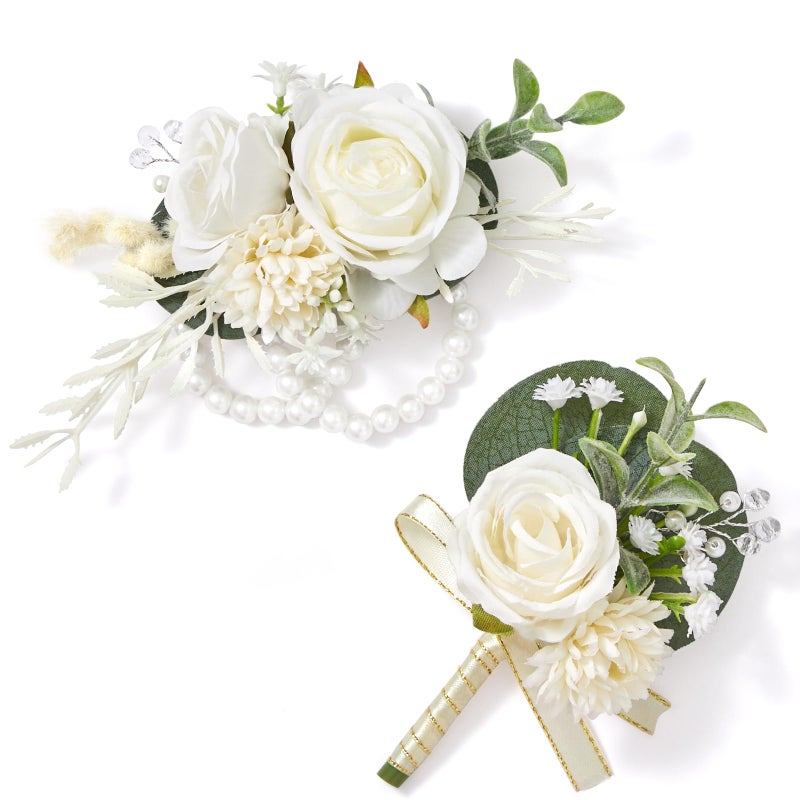 Serwalin White Rose Corsage and Boutonniere Set, Boutonniere for Men and Wrist Corsage Wristlet Prom Homecoming Wedding Flowers Accessories Party Suit Decorations - Image 1
