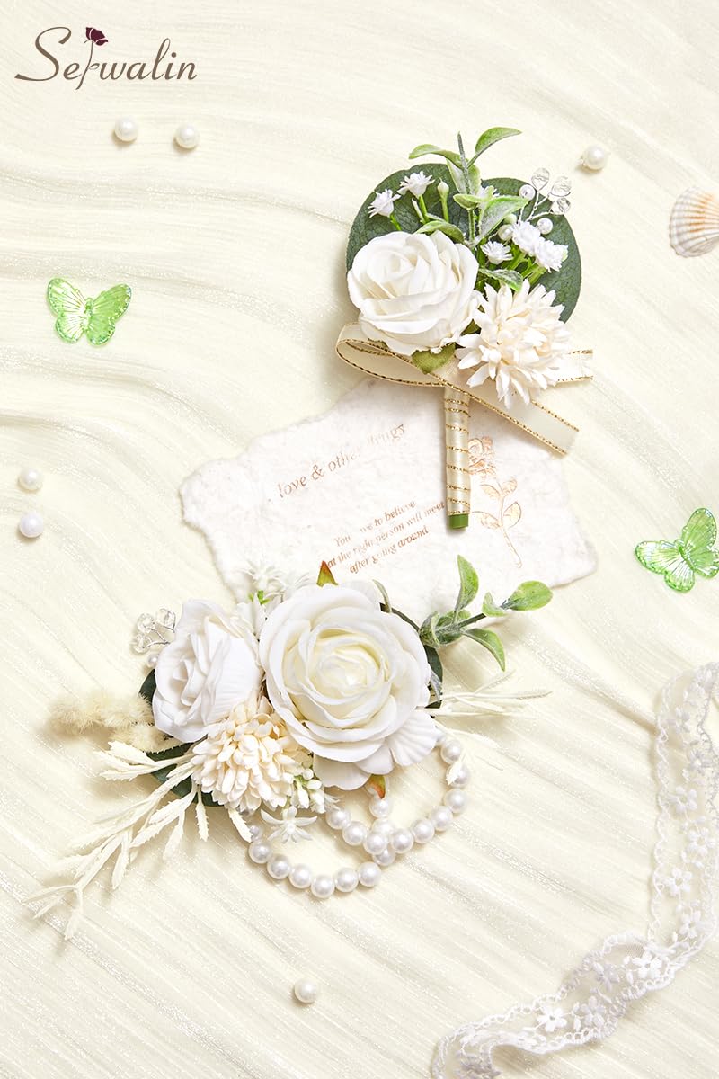 Serwalin White Rose Corsage and Boutonniere Set, Boutonniere for Men and Wrist Corsage Wristlet Prom Homecoming Wedding Flowers Accessories Party Suit Decorations - Image 2