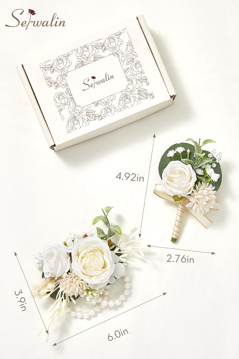 Serwalin White Rose Corsage and Boutonniere Set, Boutonniere for Men and Wrist Corsage Wristlet Prom Homecoming Wedding Flowers Accessories Party Suit Decorations - Image 3