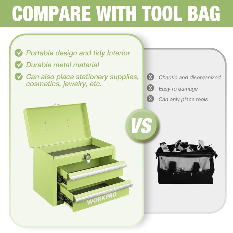 WORKPRO Portable Mini Tool Box, 2 Drawers Metal Tool Chest with Ball Bearing Slides, Top Storagewith Latch, Ergonomic Carrying Handle, Mechanic Toolbox with PVC Liners and PP Feet Pads - Image 5
