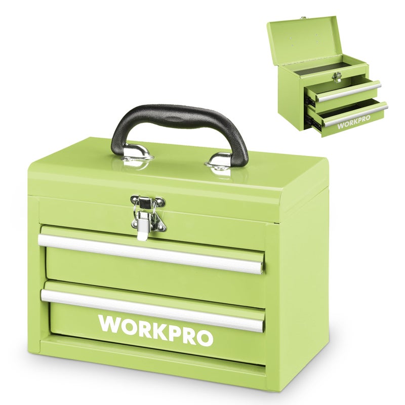 WORKPRO Portable Mini Tool Box, 2 Drawers Metal Tool Chest with Ball Bearing Slides, Top Storagewith Latch, Ergonomic Carrying Handle, Mechanic Toolbox with PVC Liners and PP Feet Pads - Image 1
