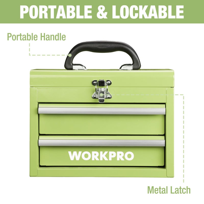 WORKPRO Portable Mini Tool Box, 2 Drawers Metal Tool Chest with Ball Bearing Slides, Top Storagewith Latch, Ergonomic Carrying Handle, Mechanic Toolbox with PVC Liners and PP Feet Pads - Image 3