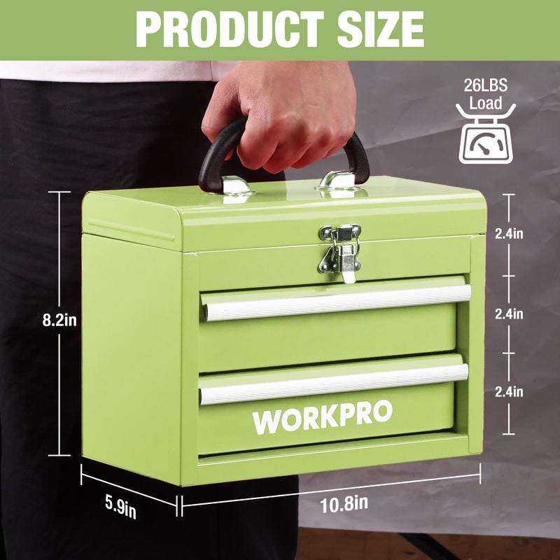 WORKPRO Portable Mini Tool Box, 2 Drawers Metal Tool Chest with Ball Bearing Slides, Top Storagewith Latch, Ergonomic Carrying Handle, Mechanic Toolbox with PVC Liners and PP Feet Pads - Image 2