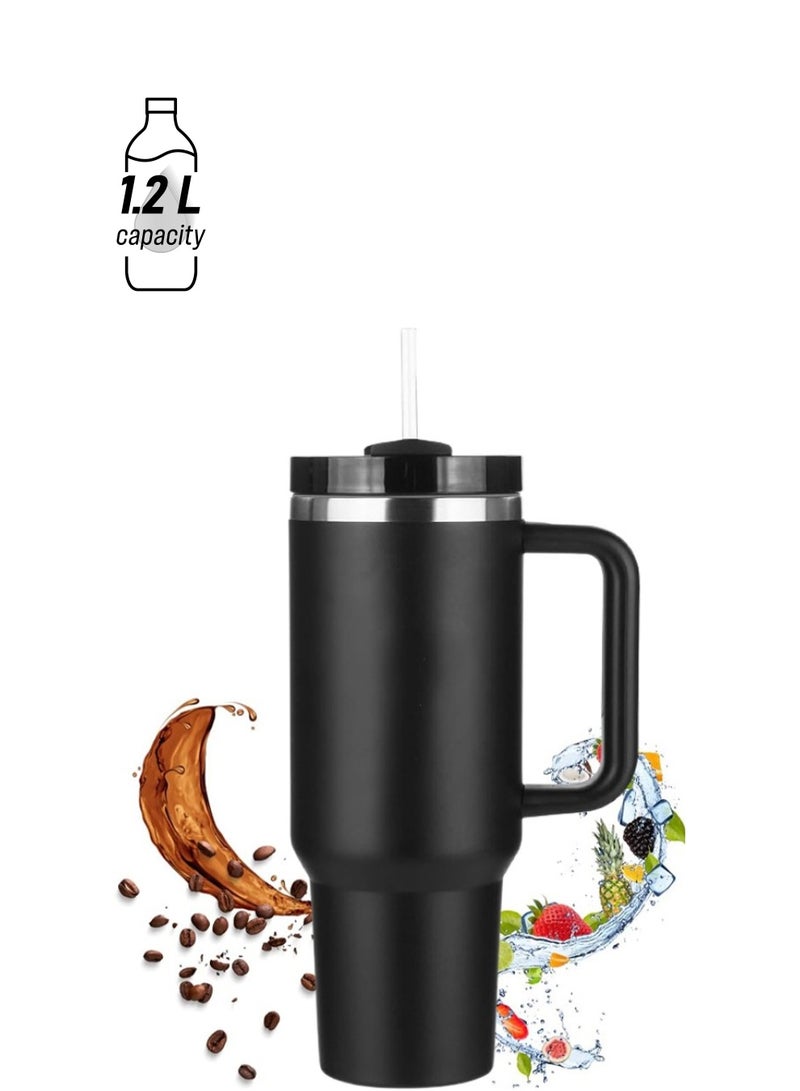 1200ML Tumbler with Lid and Straw Stainless Steel Insulated Tumblers with Handles and Cleaning Brush Water Bottle Travel Coffee Mug Tumbler Cups for Cold and Hot Beverages (Black) - Image 1