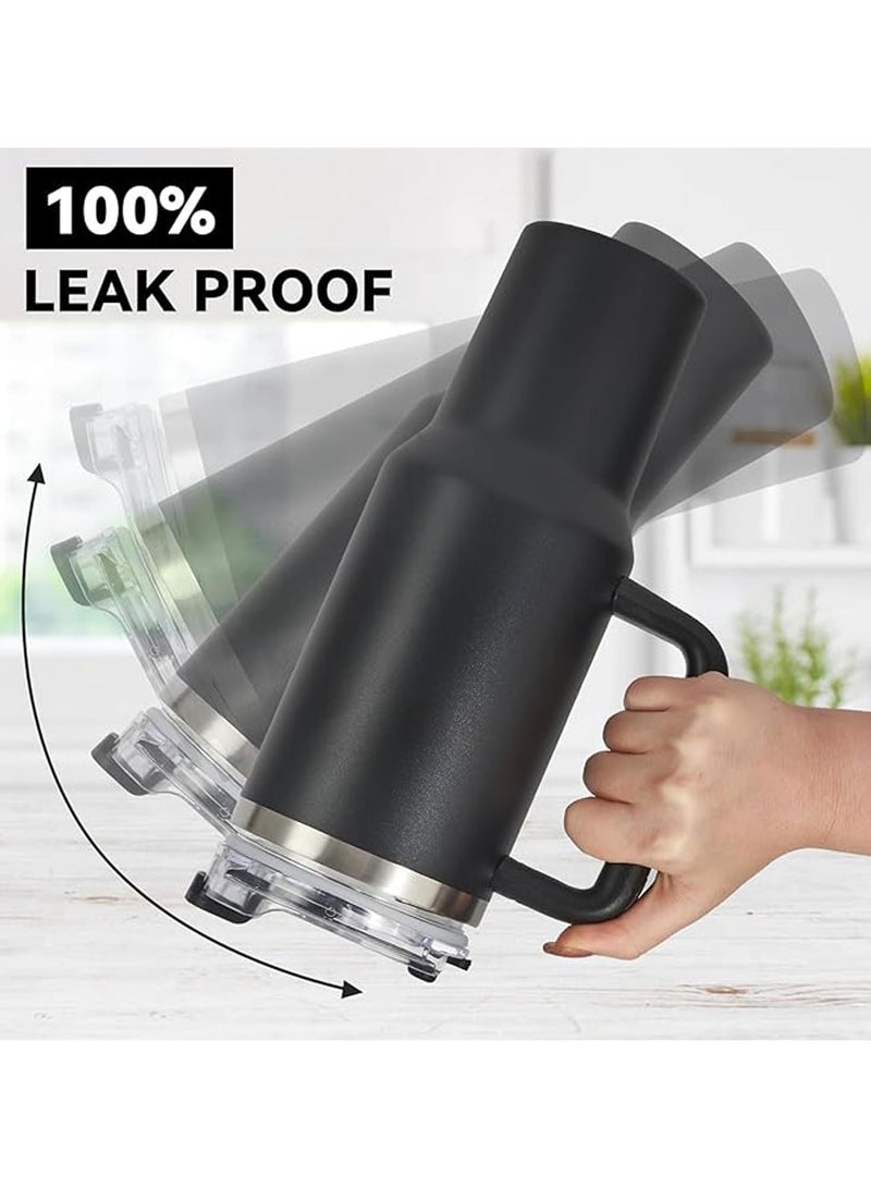 1200ML Tumbler with Lid and Straw Stainless Steel Insulated Tumblers with Handles and Cleaning Brush Water Bottle Travel Coffee Mug Tumbler Cups for Cold and Hot Beverages (Black) - Image 3