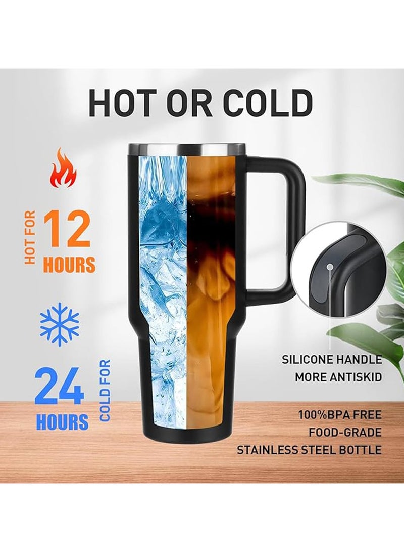 1200ML Tumbler with Lid and Straw Stainless Steel Insulated Tumblers with Handles and Cleaning Brush Water Bottle Travel Coffee Mug Tumbler Cups for Cold and Hot Beverages (Black) - Image 2