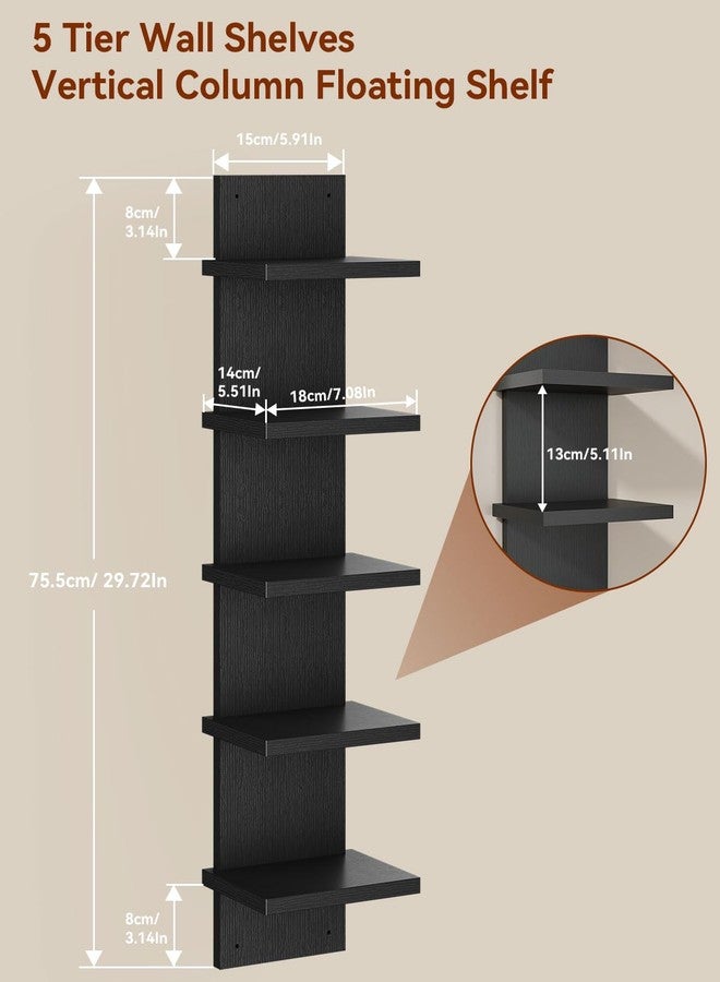 IBUYKE 5 Tier Wall Shelf Unit,Black Vertical Shelf,Floating Storage Wall Shelf,Decorative Wall Mount Vertical Shelving for Home, Bedroom,Living Room,Office Decor WBC009B - Image 2