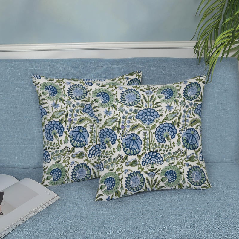 DAFENA Boho Navy Blue Pillow Covers 20x20 Inch 2 Pcs Sage Green Vintage Floral Decor Throw Pillows Spring Flower Summer Outdoor Farmhouse Decoration Pillowcase Cushion Cover for Couch Sofa Bed - Image 4