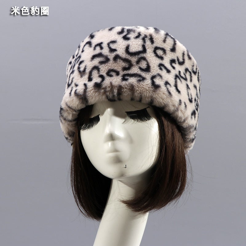 Autumn Winter Faux Rabbit Fur Hat for Adults Beige leopard ring short fur flat hat